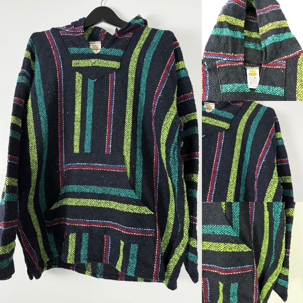 New Sunspecs Men's Stripe Black XL Baja Sweatshirt Drug‎ Rug Hoodie Pullover Vtg